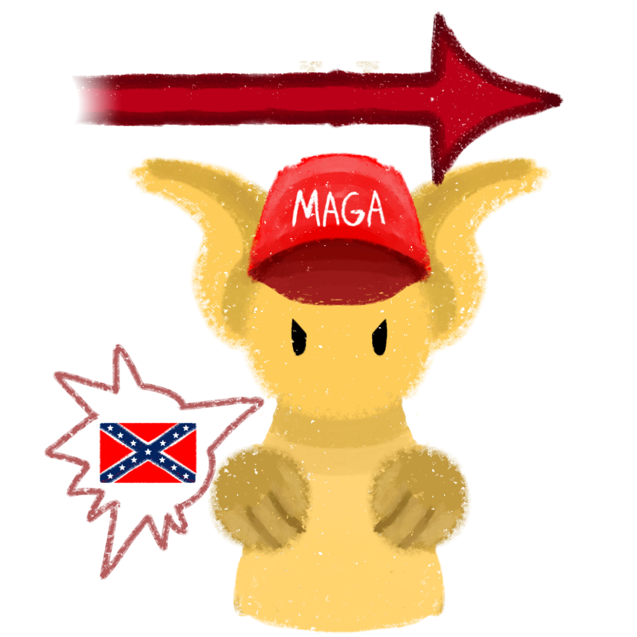 a yellow cat like creature with a red 'MAGA' has, they look disgruntled and have a spiky speech bubble on the left with a Confederate flag on the inside. above them there is a red arrow pointing to the right.